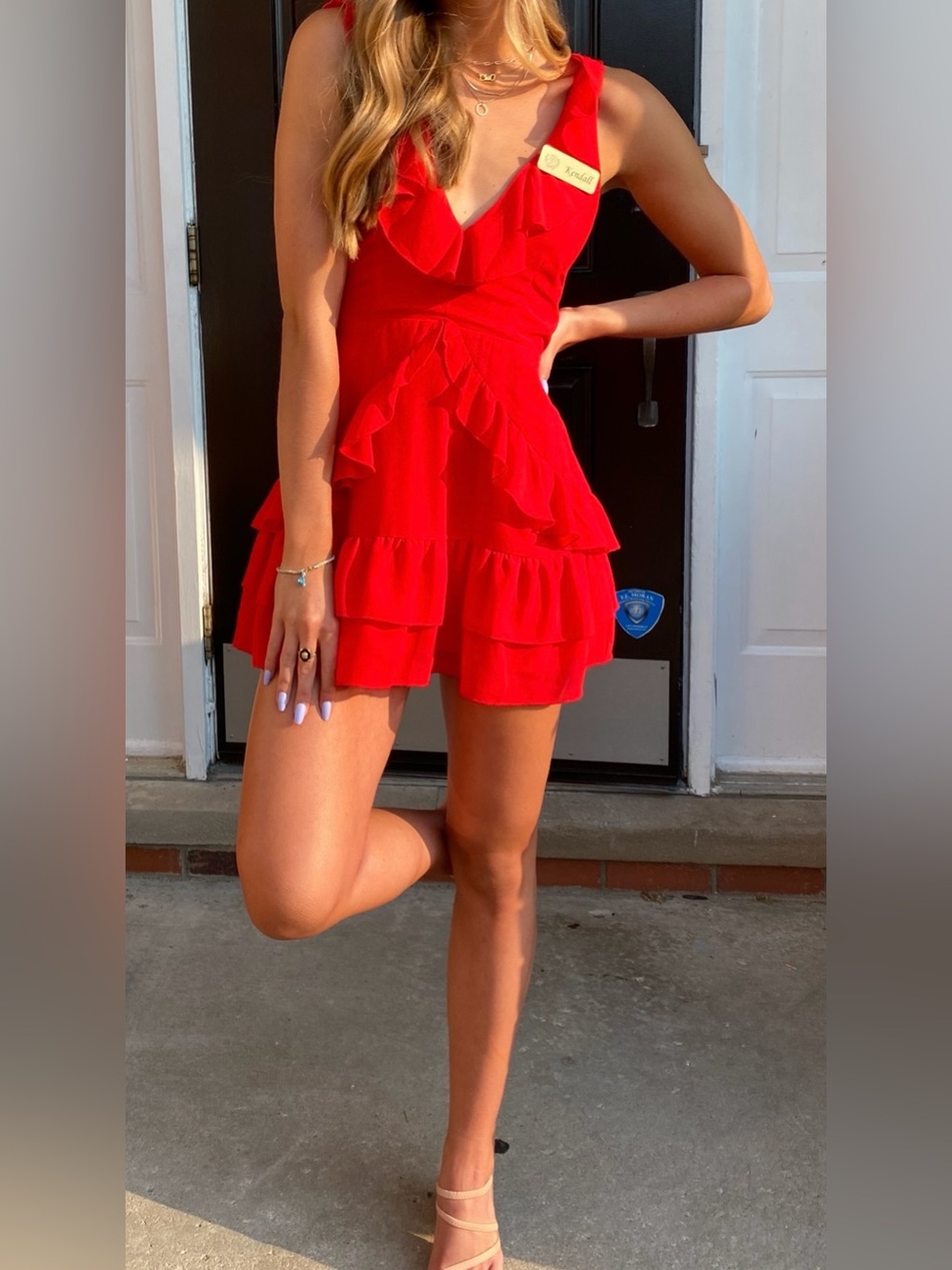 Ruffled V-Neck Red Mini Dress